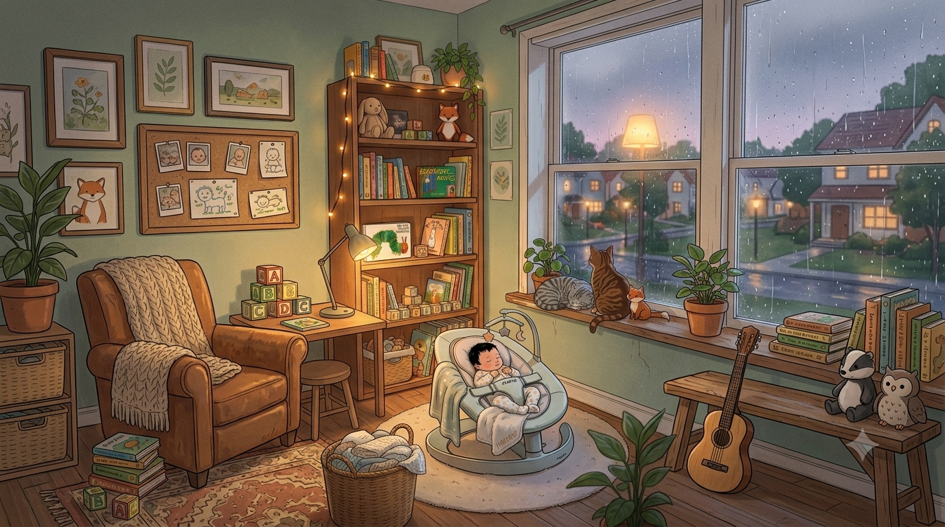 Illustrated nursery at night: a baby asleep in a bouncer, cats near the windowsill, a guitar and bookshelf in the room, rain falling outside over a quiet street.